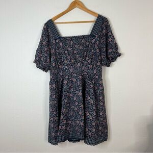 American Eagle Puff Sleeve Corset Mini Dress Blue Floral Cotton Feminine Size XL